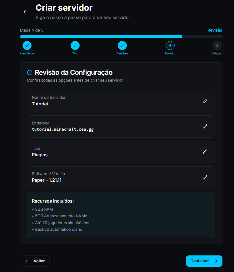 Wizard - etapa Detalhes (Release/Snapshot e seletor de versão, ou Paper/Purpur e versão).