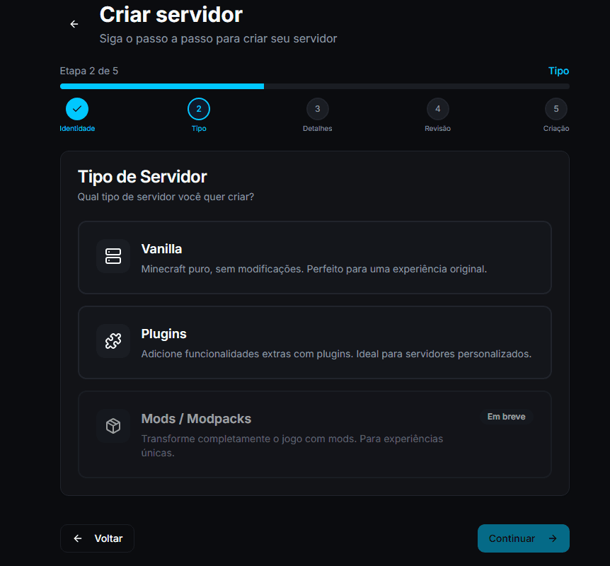 Wizard - etapa Tipo (opções Vanilla vs Plugins/Paper).